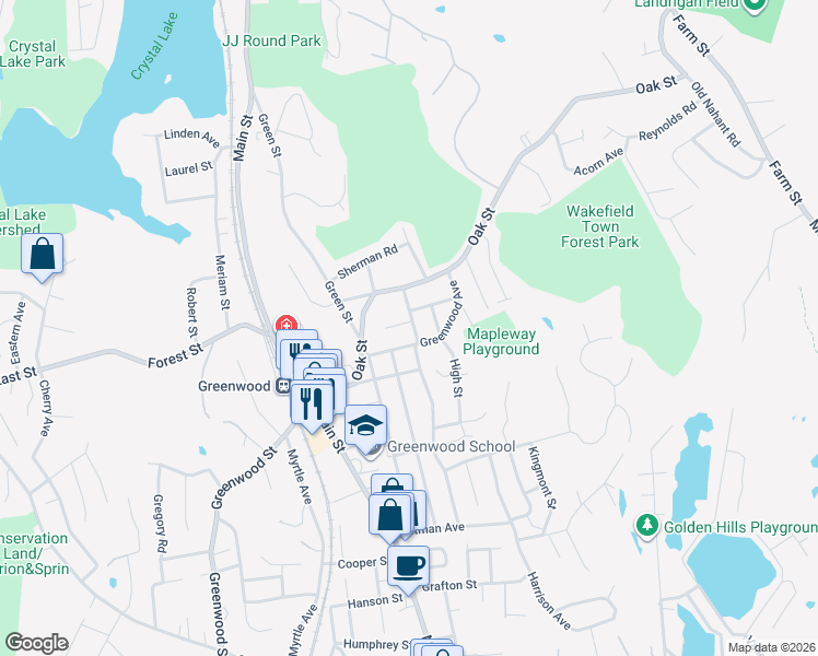 map of restaurants, bars, coffee shops, grocery stores, and more near 2 Orchard Circle in Wakefield
