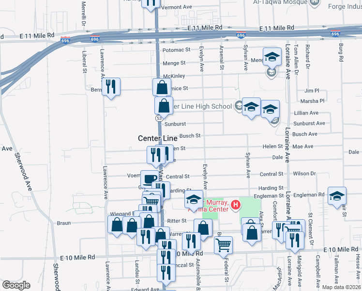 map of restaurants, bars, coffee shops, grocery stores, and more near 8121 Helen Street in Center Line