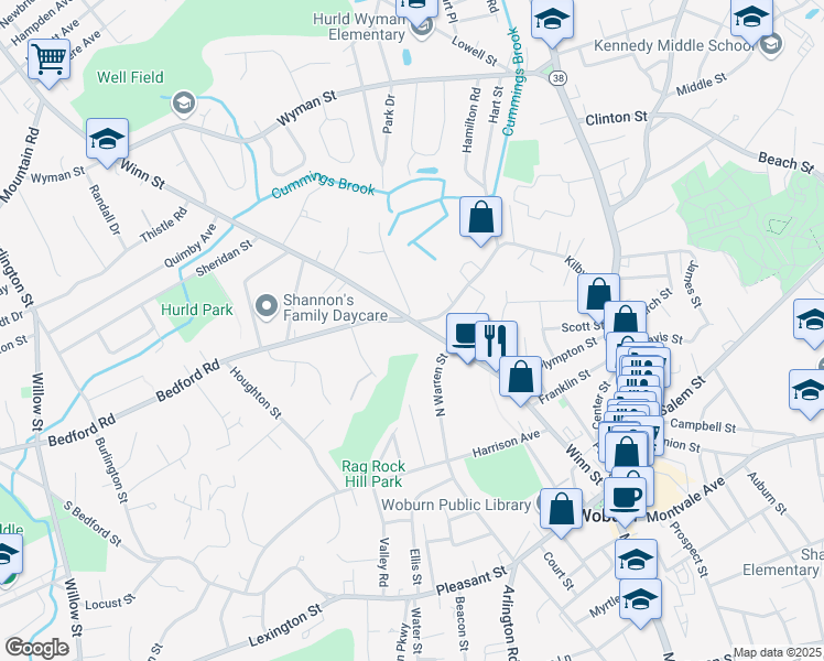 map of restaurants, bars, coffee shops, grocery stores, and more near 128 Winn Street in Woburn