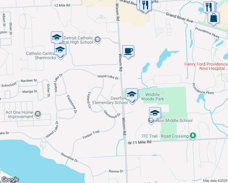 map of restaurants, bars, coffee shops, grocery stores, and more near 26536 Anchorage Court in Novi