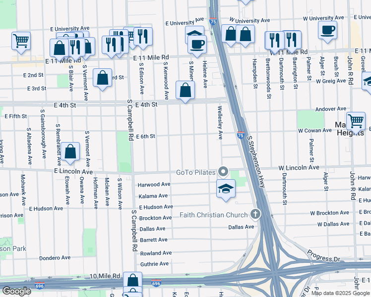 map of restaurants, bars, coffee shops, grocery stores, and more near 633 South Edgeworth Avenue in Royal Oak