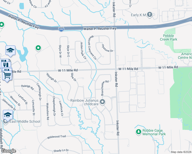 map of restaurants, bars, coffee shops, grocery stores, and more near 25934 Branchaster Road in Farmington Hills