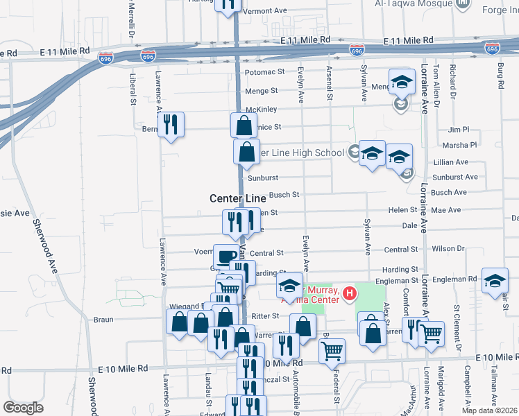 map of restaurants, bars, coffee shops, grocery stores, and more near 8057 Helen Street in Center Line