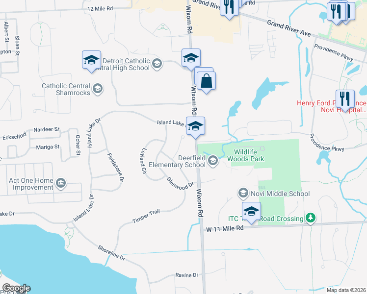 map of restaurants, bars, coffee shops, grocery stores, and more near 26536 Anchorage Court in Novi