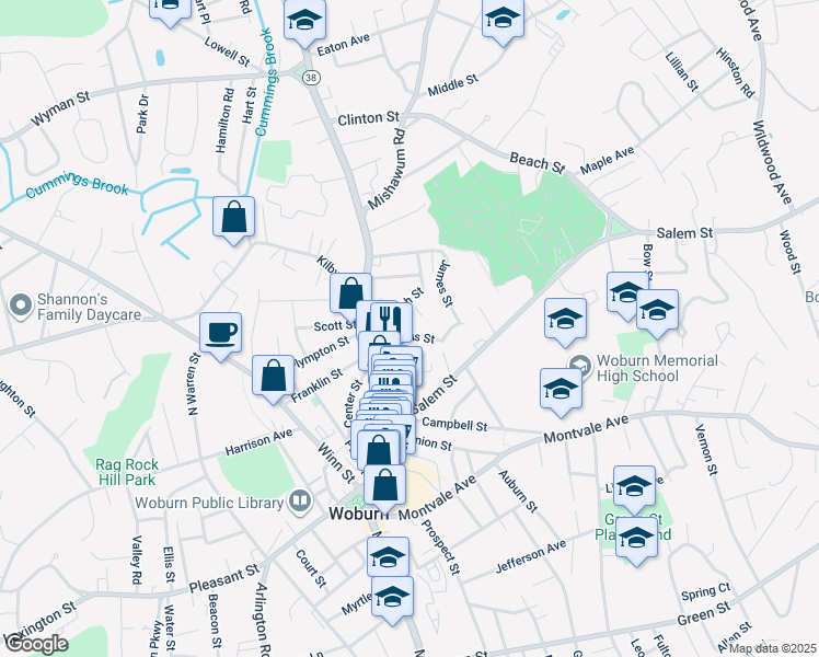 map of restaurants, bars, coffee shops, grocery stores, and more near 533 Main Street in Woburn