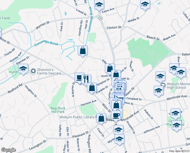 map of restaurants, bars, coffee shops, grocery stores, and more near 19 Middlesex Street in Woburn