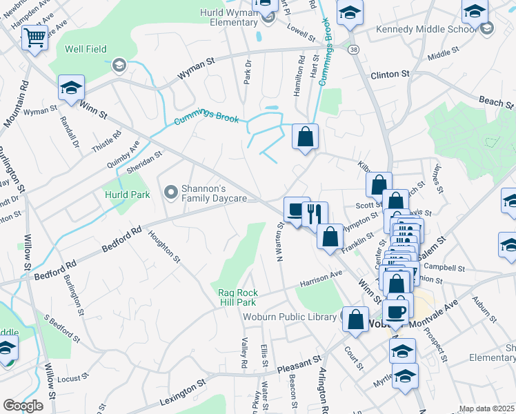 map of restaurants, bars, coffee shops, grocery stores, and more near 128 Winn Street in Woburn