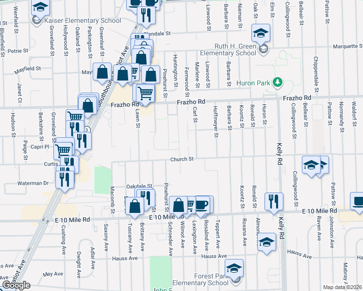 map of restaurants, bars, coffee shops, grocery stores, and more near 25618 New England Court in Roseville