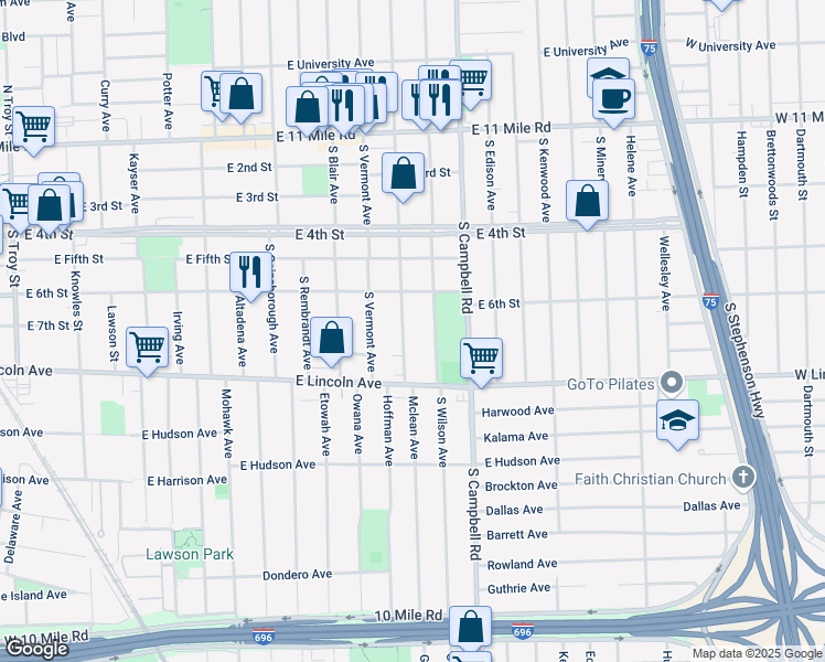 map of restaurants, bars, coffee shops, grocery stores, and more near 642 South Connecticut Avenue in Royal Oak