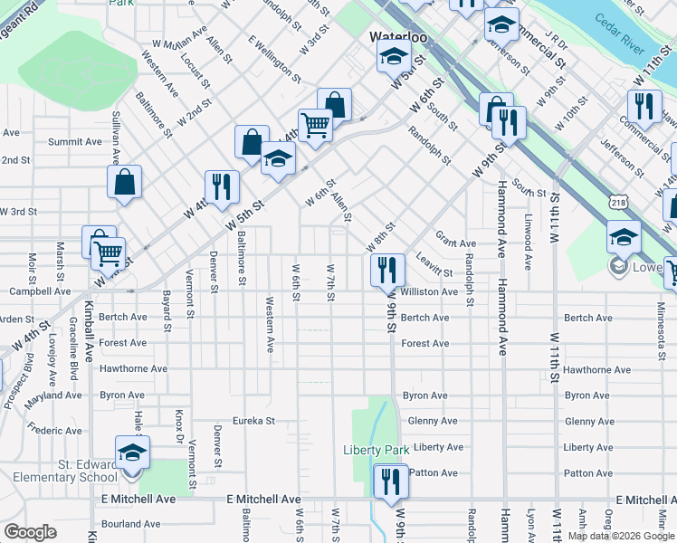 map of restaurants, bars, coffee shops, grocery stores, and more near 1222 W 7th St in Waterloo