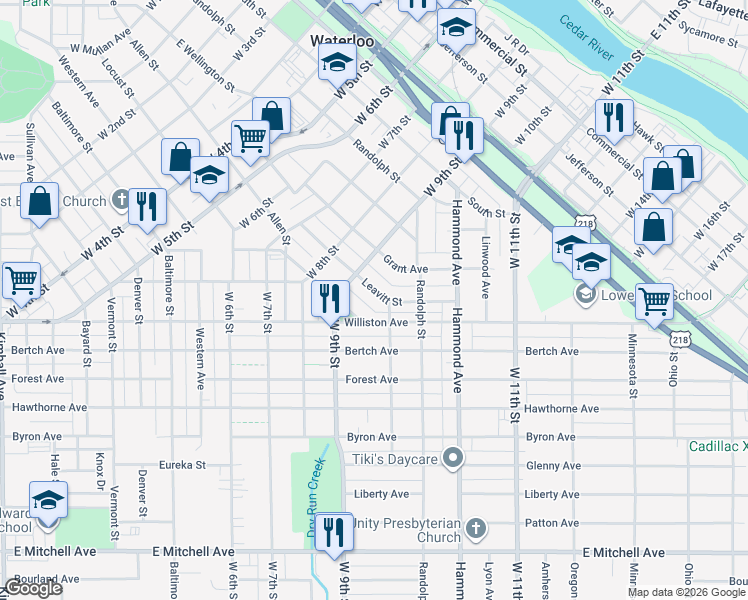 map of restaurants, bars, coffee shops, grocery stores, and more near 1126 Leavitt Street in Waterloo