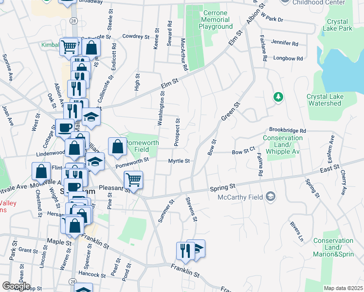 map of restaurants, bars, coffee shops, grocery stores, and more near 20 Washington Avenue in Stoneham