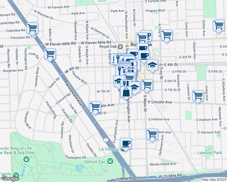 map of restaurants, bars, coffee shops, grocery stores, and more near 628 South Lafayette Avenue in Royal Oak