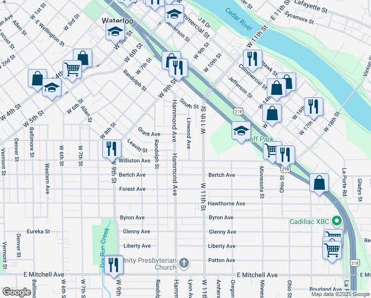 map of restaurants, bars, coffee shops, grocery stores, and more near 230 Linwood Avenue in Waterloo
