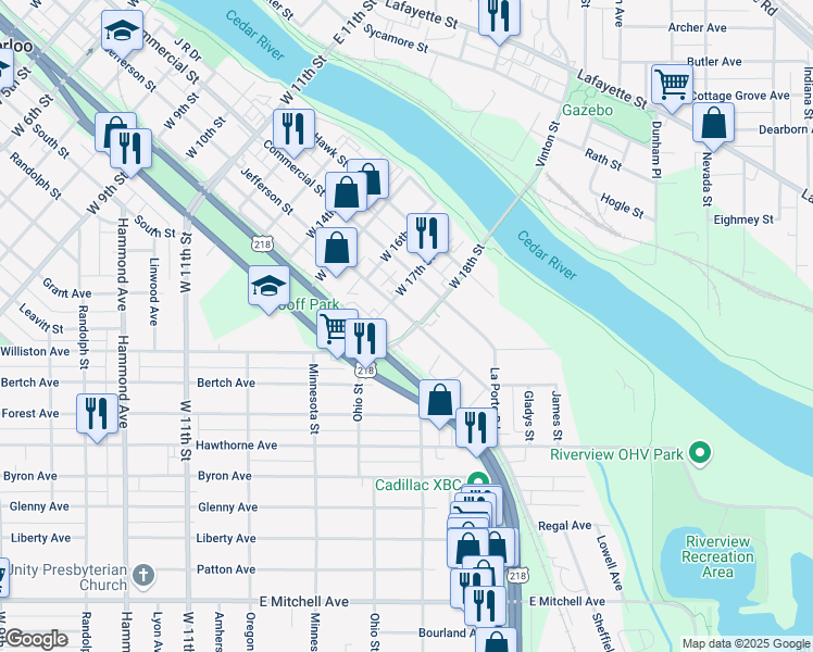 map of restaurants, bars, coffee shops, grocery stores, and more near 306 18th Street Trail in Waterloo