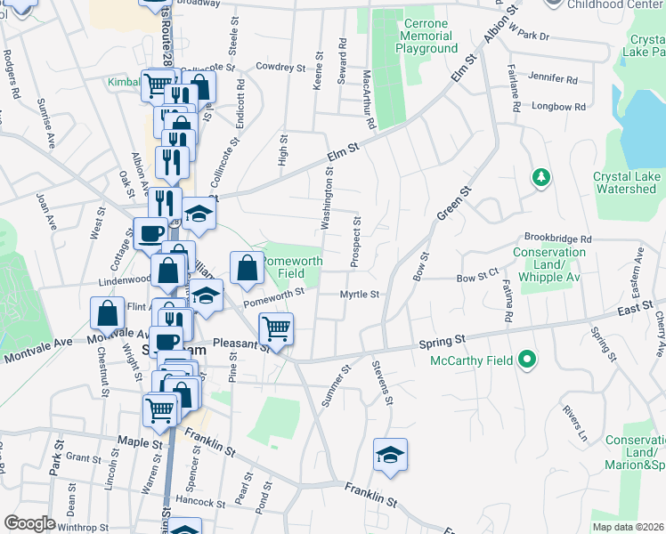 map of restaurants, bars, coffee shops, grocery stores, and more near 2 Washington Avenue in Stoneham