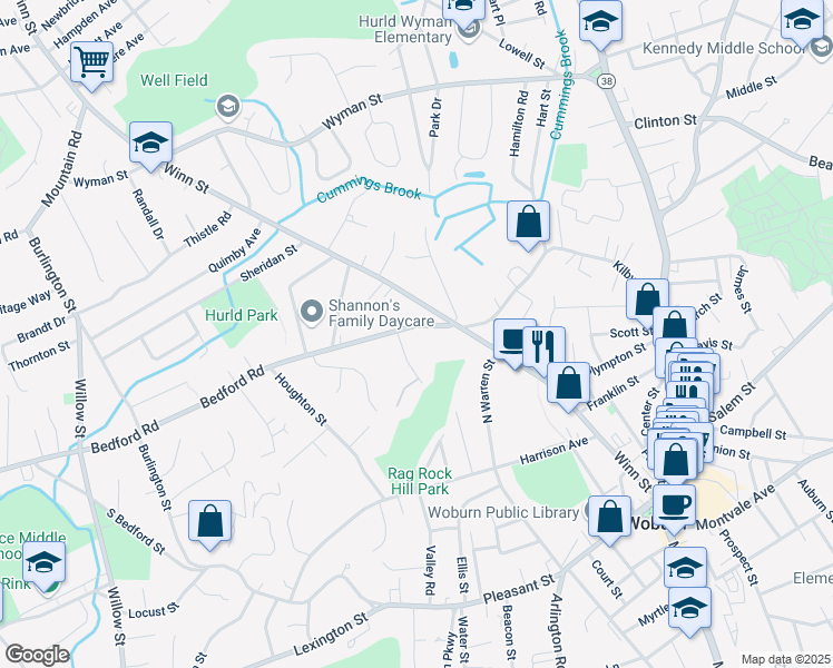 map of restaurants, bars, coffee shops, grocery stores, and more near 18 Bedford Road in Woburn