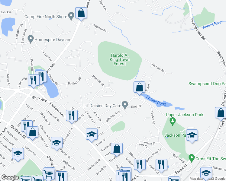 map of restaurants, bars, coffee shops, grocery stores, and more near 16 Manson Street in Lynn