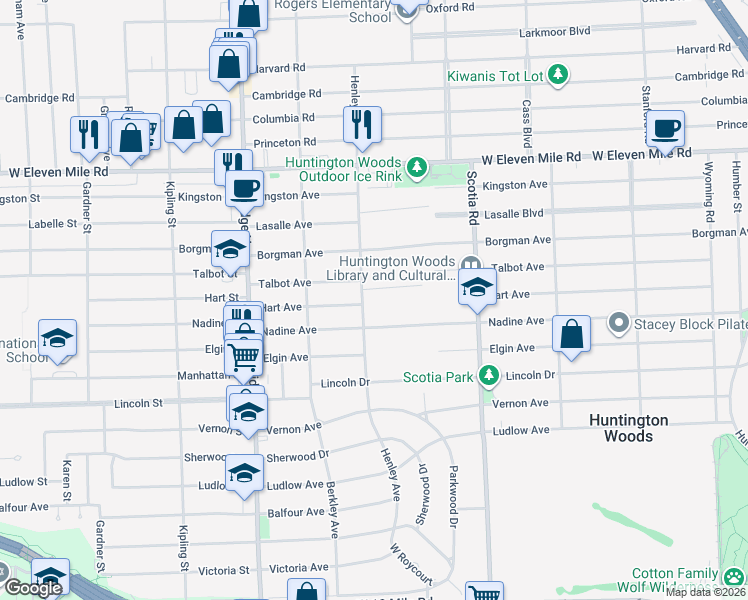map of restaurants, bars, coffee shops, grocery stores, and more near 12959 Talbot Lane in Huntington Woods