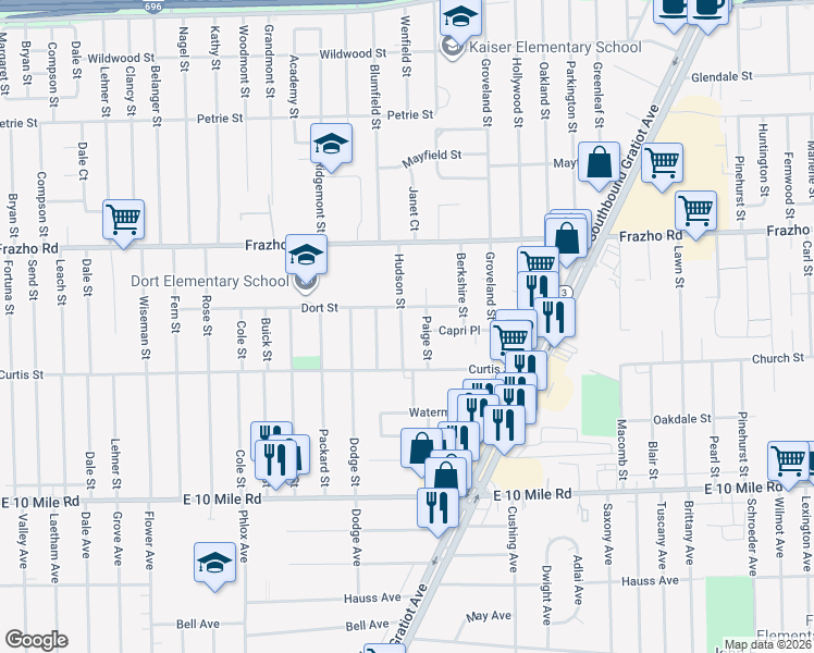 map of restaurants, bars, coffee shops, grocery stores, and more near 25640 Hudson Street in Roseville