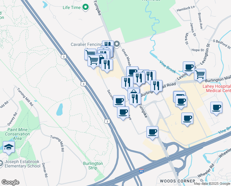 map of restaurants, bars, coffee shops, grocery stores, and more near in Burlington