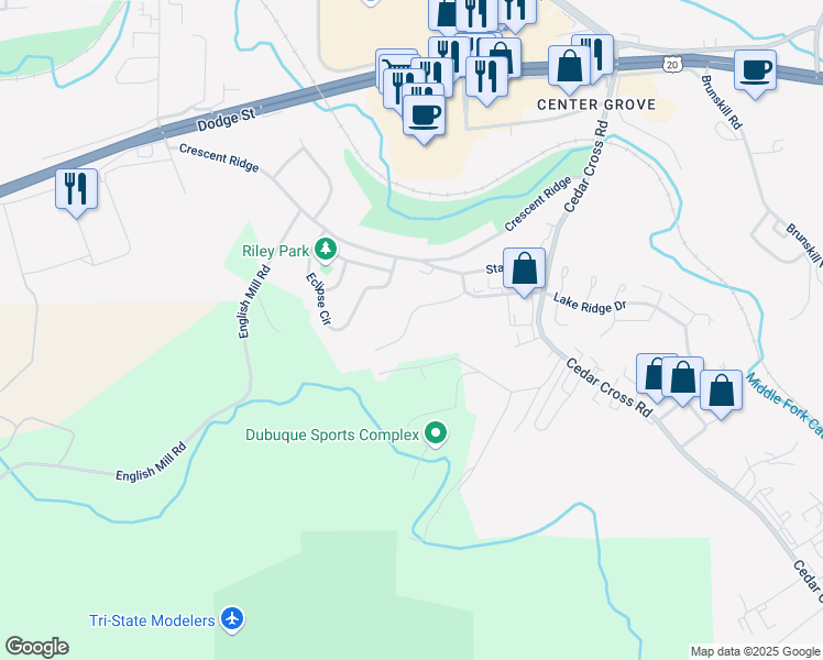 map of restaurants, bars, coffee shops, grocery stores, and more near 417 Woodland Ridge in Dubuque