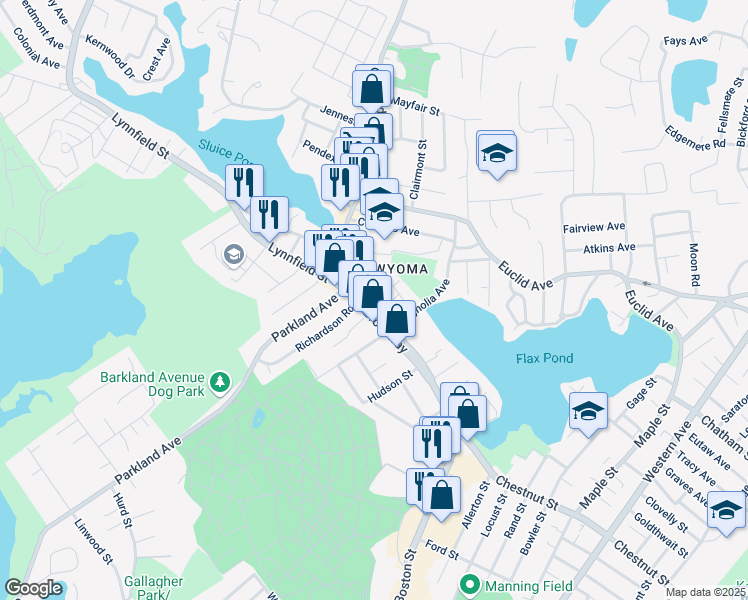 map of restaurants, bars, coffee shops, grocery stores, and more near 358 Broadway in Lynn