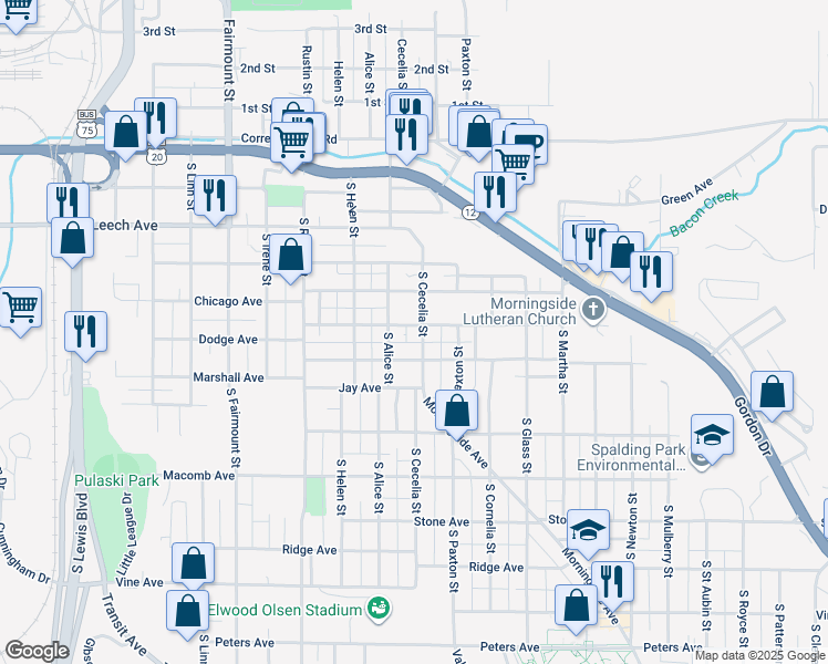 map of restaurants, bars, coffee shops, grocery stores, and more near 3118 Dodge Avenue in Sioux City