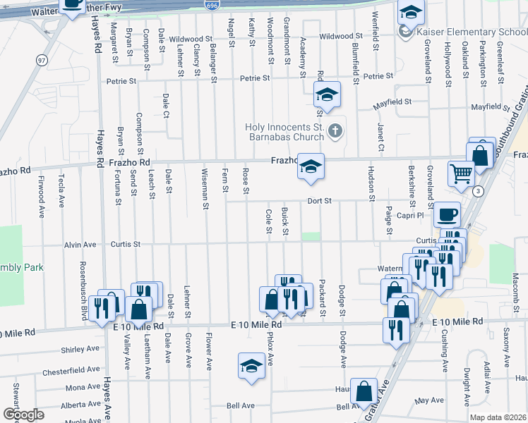 map of restaurants, bars, coffee shops, grocery stores, and more near 25621 Cole Street in Roseville
