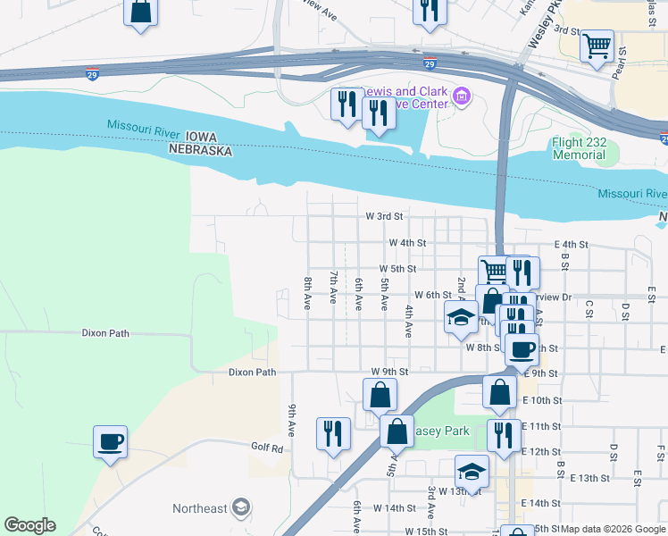 map of restaurants, bars, coffee shops, grocery stores, and more near 500 7th Avenue in South Sioux City