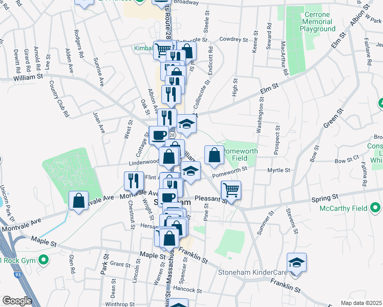 map of restaurants, bars, coffee shops, grocery stores, and more near 107 William Street in Stoneham