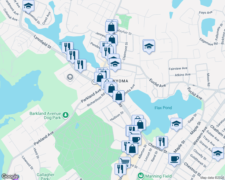 map of restaurants, bars, coffee shops, grocery stores, and more near 358 Broadway in Lynn