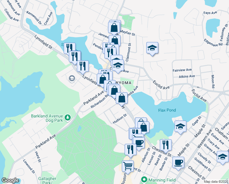 map of restaurants, bars, coffee shops, grocery stores, and more near 358 Broadway in Lynn