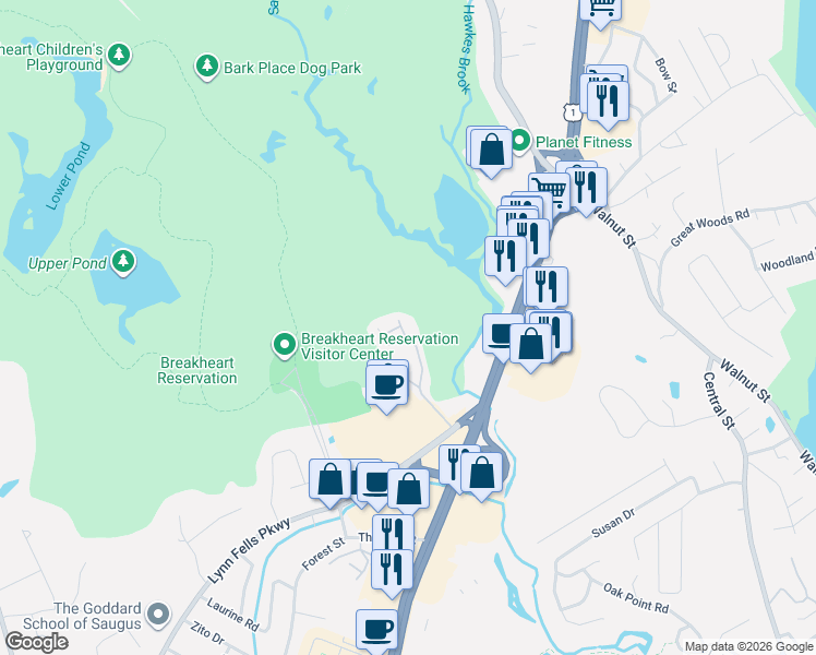 map of restaurants, bars, coffee shops, grocery stores, and more near 708 Sherwood Forest Lane in Saugus