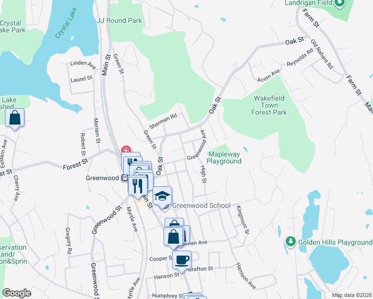 map of restaurants, bars, coffee shops, grocery stores, and more near 2 Orchard Circle in Wakefield