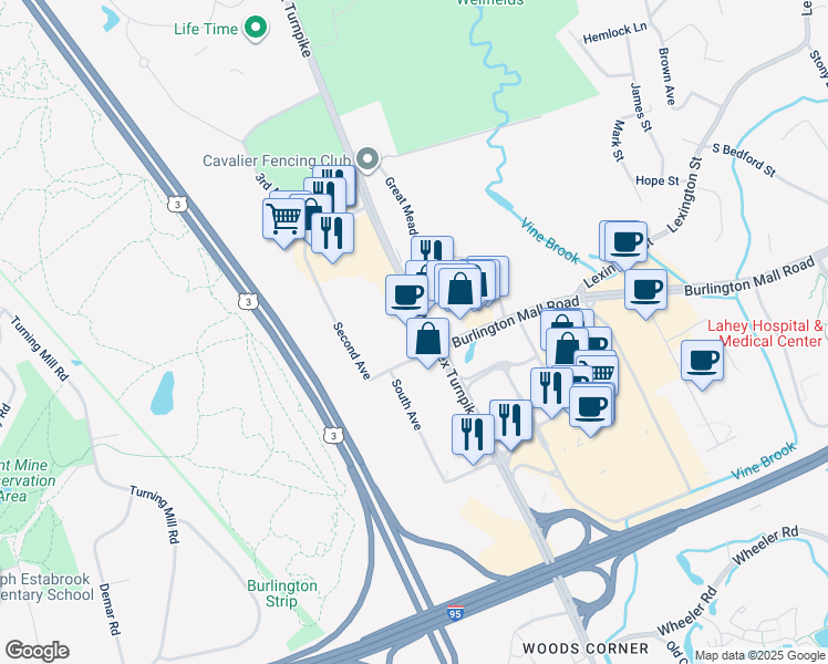 map of restaurants, bars, coffee shops, grocery stores, and more near 97-99 Middlesex Turnpike in Burlington