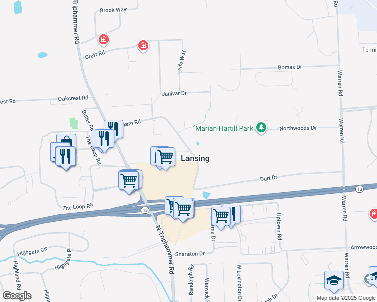 map of restaurants, bars, coffee shops, grocery stores, and more near in Lansing