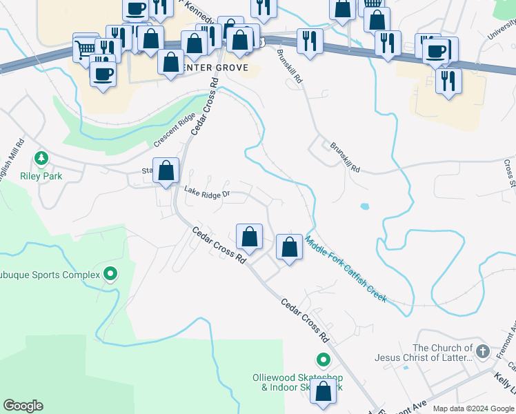 map of restaurants, bars, coffee shops, grocery stores, and more near 3214 Lake Ridge Drive in Dubuque