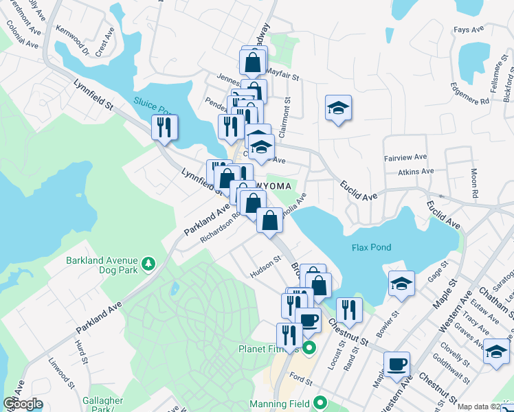 map of restaurants, bars, coffee shops, grocery stores, and more near 358 Broadway in Lynn