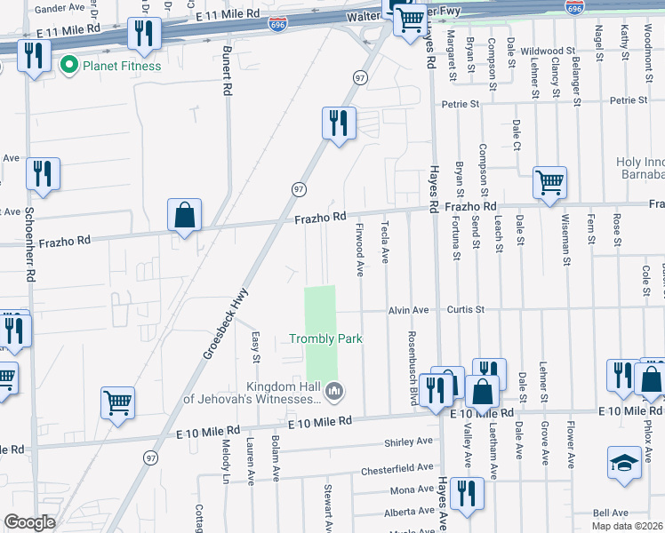 map of restaurants, bars, coffee shops, grocery stores, and more near 25658 Lira Lane in Warren