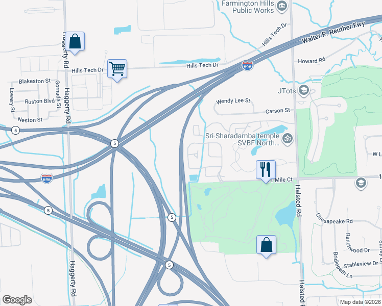 map of restaurants, bars, coffee shops, grocery stores, and more near 38434 Lynwood Court in Farmington Hills