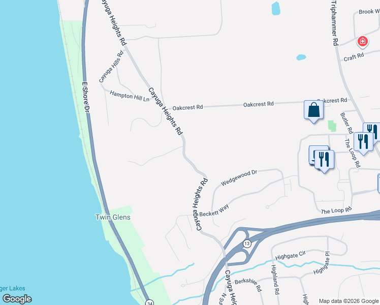 map of restaurants, bars, coffee shops, grocery stores, and more near 896 Cayuga Heights Rd in Ithaca