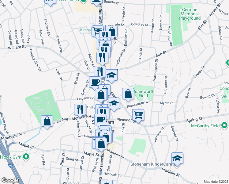 map of restaurants, bars, coffee shops, grocery stores, and more near 107 William Street in Stoneham