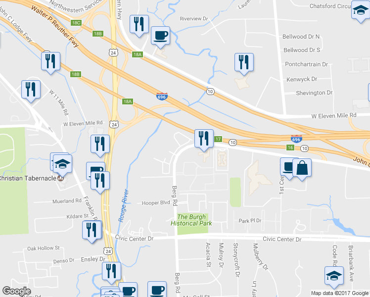 map of restaurants, bars, coffee shops, grocery stores, and more near Northwestern Highway in Southfield