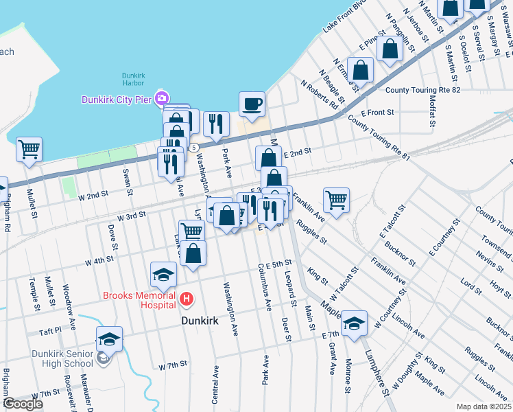 map of restaurants, bars, coffee shops, grocery stores, and more near 108-114 West 4th Street in Dunkirk