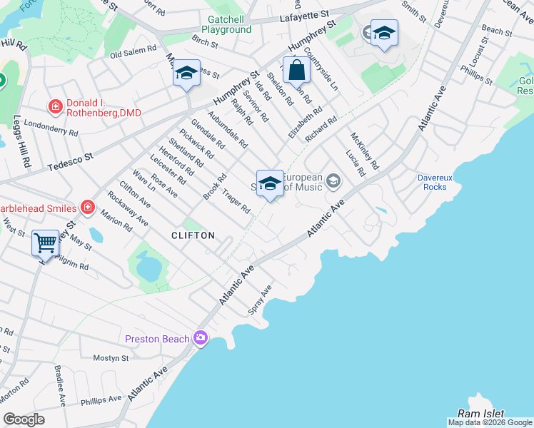 map of restaurants, bars, coffee shops, grocery stores, and more near 7 Cushing Road in Marblehead