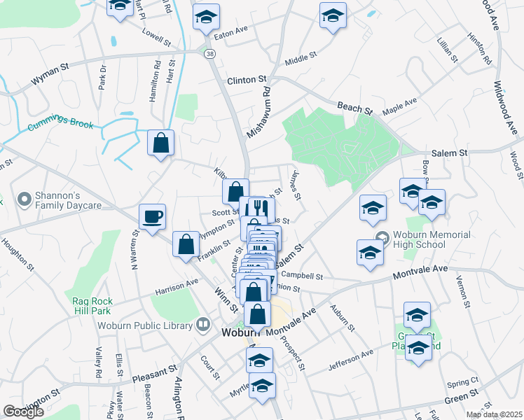 map of restaurants, bars, coffee shops, grocery stores, and more near 533 Main Street in Woburn