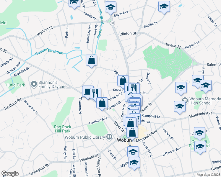 map of restaurants, bars, coffee shops, grocery stores, and more near 16 Scott Street in Woburn