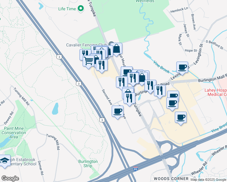 map of restaurants, bars, coffee shops, grocery stores, and more near 130R Middlesex Turnpike in Burlington