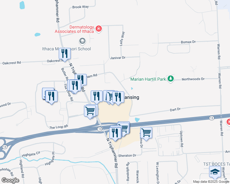 map of restaurants, bars, coffee shops, grocery stores, and more near 100 Graham Road in Ithaca